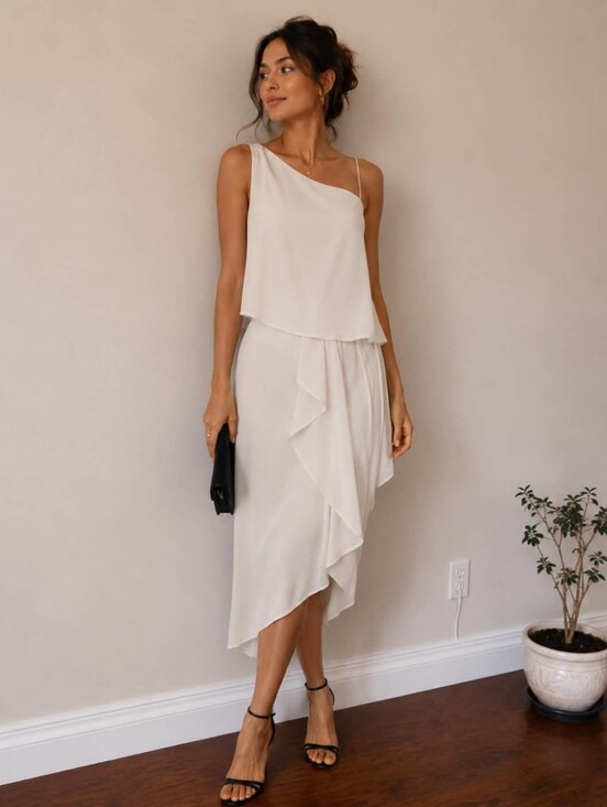 BCBGMaxAzria Dresses & Skirts - BCBGMaxAzria Asymmetrical Cream One-Shoulder Ruffle Dress